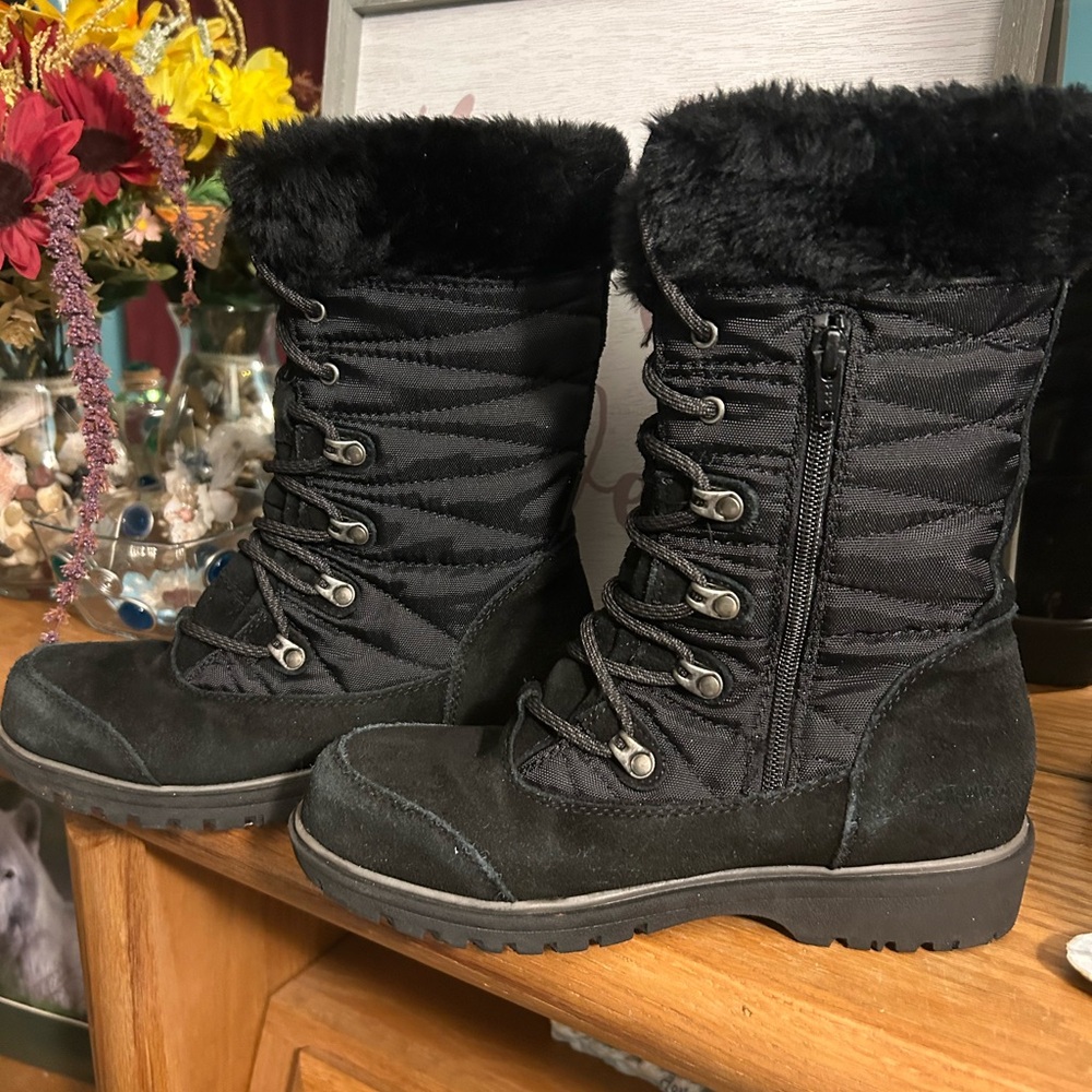 BareTraps Black Quilted Nylon Winter Boots with Faux Fur